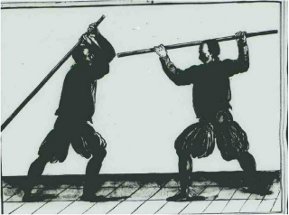 Baton : attaque en tte par abatte vs parade horizontale  2 mains - source Codexe de Dresde / De arte athletica I page 35, par PAulus Hector MAIR