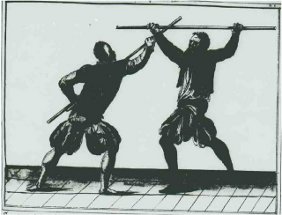 Baton : attaque en tte par pic vs parade horizontale  2 mains - source Codexe de Dresde / De arte athletica I page 36, par PAulus Hector MAIR